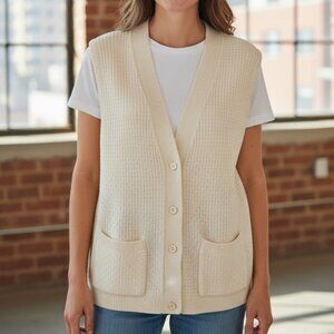 Vintage Off White Button Front Cable Knit Academia Preppy Sweater Vest Size M
